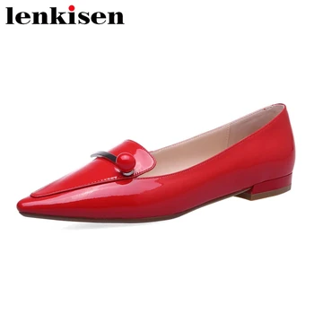 

Lenkisen big size natural leather pointed toe low heel shoes women pearl metal decorations office lady wedding dating pumps L61