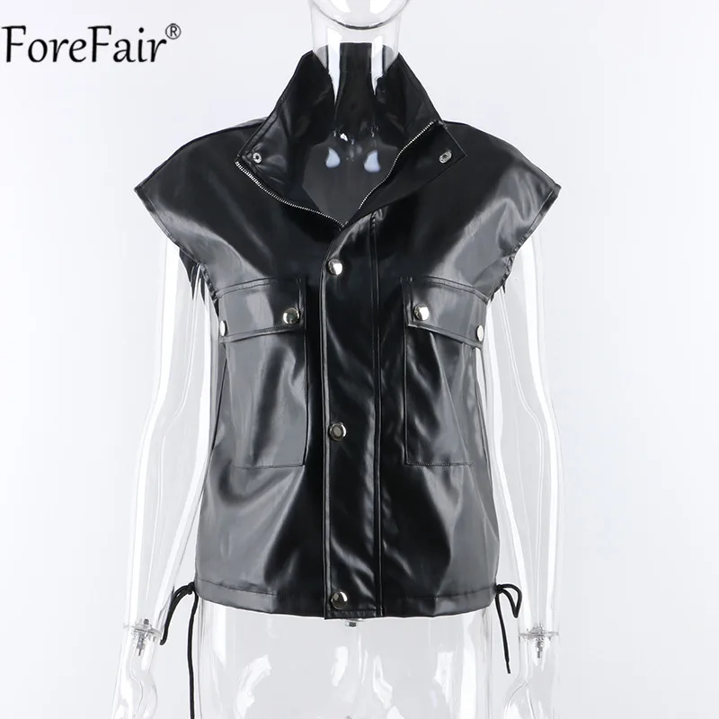 Forefair 2021 Sleeveless Pu Leather Jacket Pockets Women Button Zipper Fashion Coat Bandage Autumn Winter Outwear Jackets Ladies