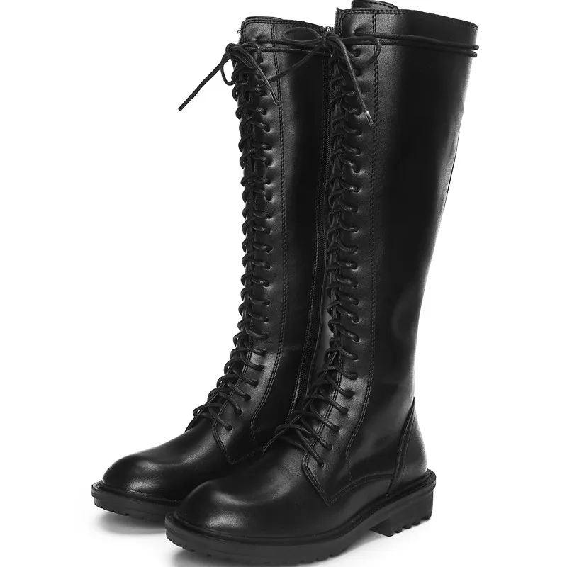 

RASMEUP 2020 Fashion Autumn Winter Cross Tied Round Toe Classics Knee High Boots Women's Leather Front Lace-up Platform Boots