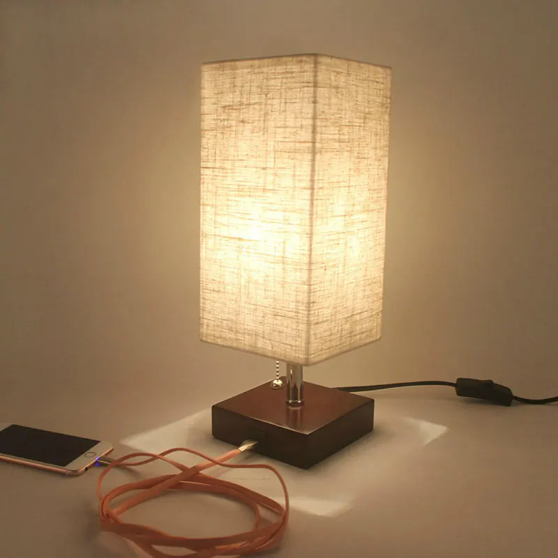 

USB Rechargeable Night Light Rectangular Table Lamp Wooden Base Bedside Japanese Study Lamp Linen Lampshade Charge Your Phone