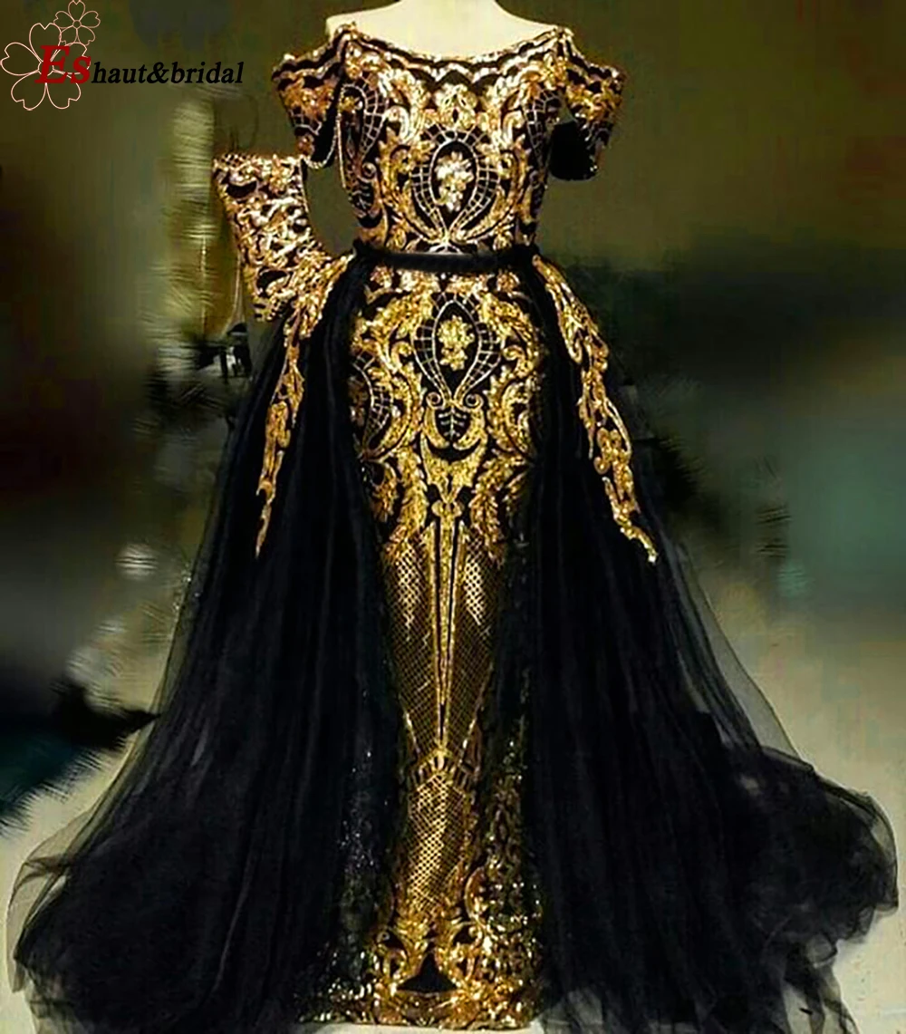 

Long Sparkly Elegant Evening Dress for Women 2019 Dubai Mermaid Off Shoulder Sequin Arabic Detachable Formal Evening Gowns