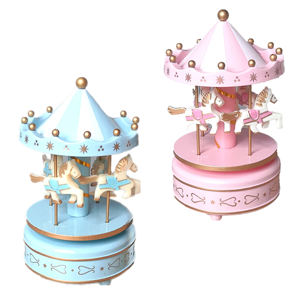 Wooden Horse Merry-Go-Round Carousel Musical Boxes for Kids Children Toy Christmas Birthday Gifts Home Tabletop Cafe Decor