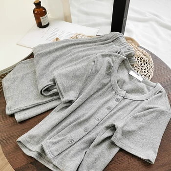 

2020 Summer Solid Casual 2 Piece Set Women Button Short Sleeve Pullover+elastic High Waist Long Pants Black Gray Casual Sets
