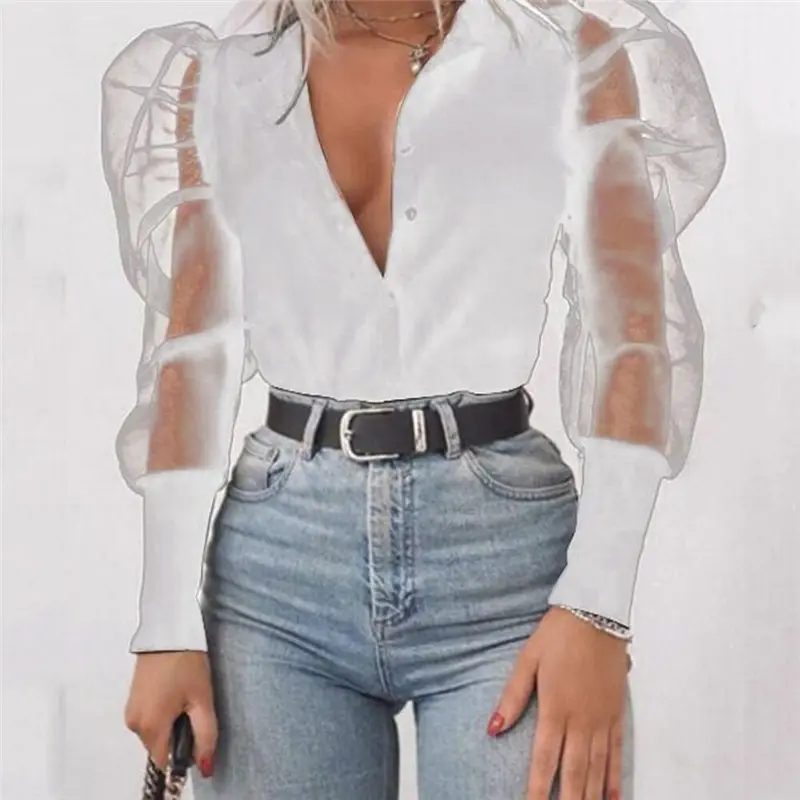 Style A Женская черная блузка модные сетчатые рубашки сексуальные v-образным вырезом прозрачные однобортные рубашки с буфами на рукавах женские блузки Топы - Цвет: Style A