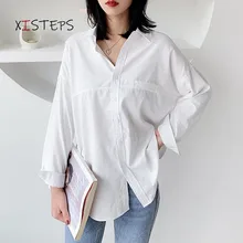 

Boy Friend Style Loose Shirts For Women White Blue Grey Oversized Blouses 2021 Autumn Ladies Fashion Tops Work Wear Clothings