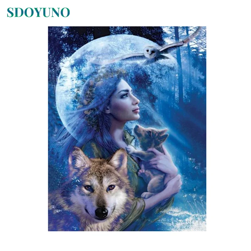 

SDOYUNO Painting By Numbers Wolf and Women Framless DIY pictures by numbers Canvas Digital Painting Kits Wall Art