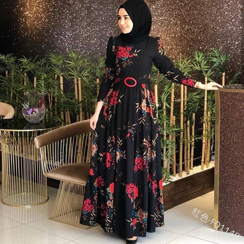 WEPBEL Women Muslim Dress Abaya Islamic Full Sleeve Floral Flower Ruffles Casual Fashion Autumn Ladies Long Maxi Dresses