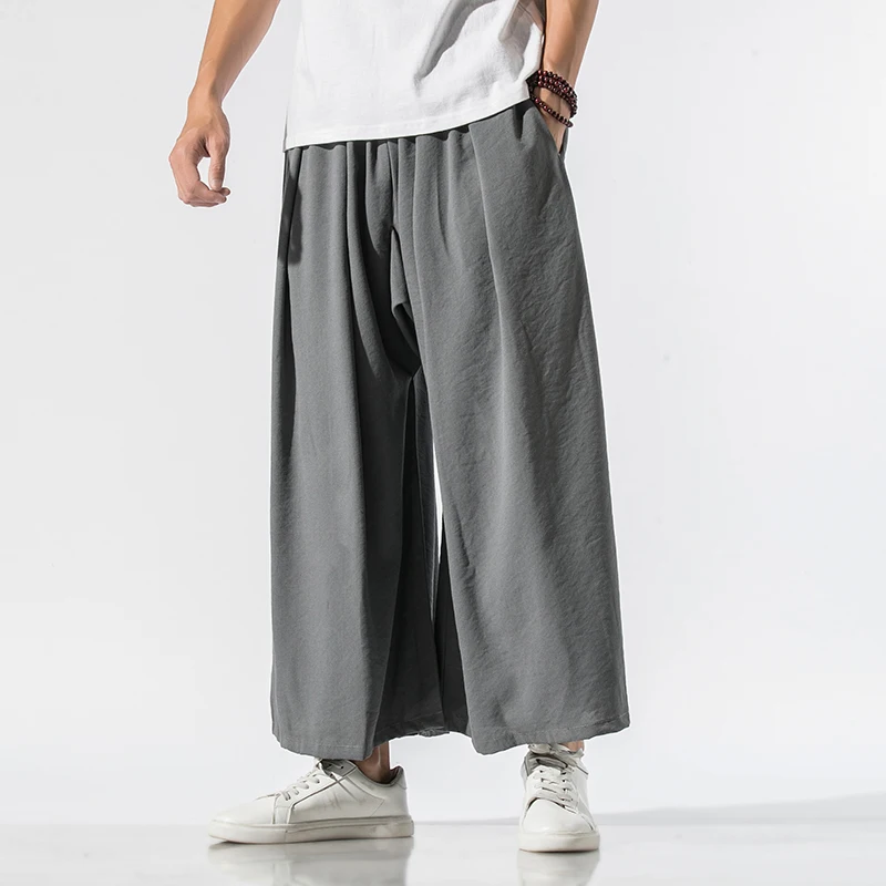 Men Linen Baggy Pants Mens Chinese Style Draped Solid Cotton Pants Man Traditional Wide Leg Male Hip Hop Trousers