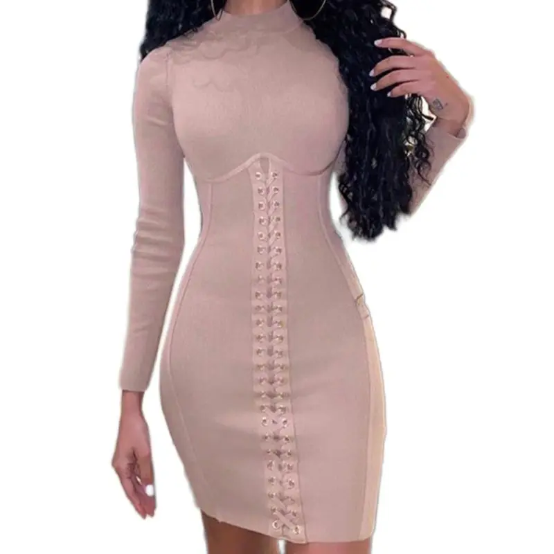 

Women Solid color Long Sleeve O-Neck Turtleneck Bodycon Mini Dress Sexy Lace-Up Bandage Knit Clubwear for party, causal date