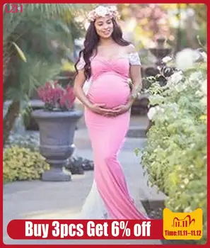 

LZH Autumn New Pregnant Women Stitching Lace Short Sleeved Trailing Dress For Photo Shoot Maxi Gown Maternity Photography Props