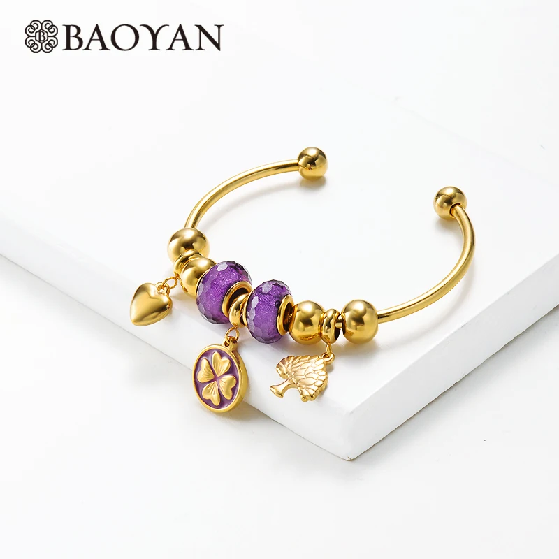 Baoyan, ручной работы, эмалированный браслет, позолота, нержавеющая сталь, открытые манжеты, браслеты, слон, сова, дерево, очаровательные браслеты для женщин