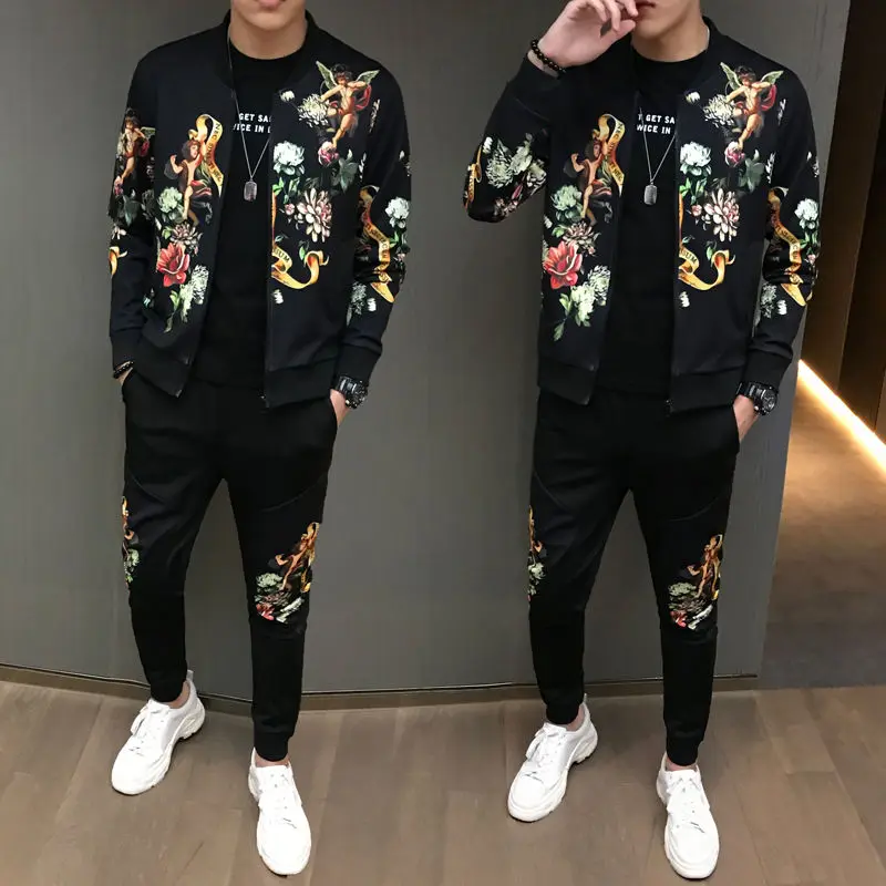 Society Trend Slim Fit Mens Set Coat Zipper Autumn Sportswear Print Casual Tracksuit Man Sweatshirt Man Jacket Plus Velvet - Цвет: 197