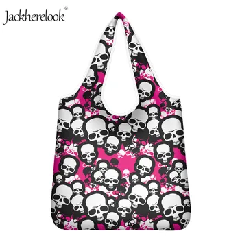 

Jackherelook 2Pcs Gothic Skull Printing Shopping Bags Ladies Tote Folding Pouch Handbags Storage Bags Women's Shoulder Tote Bags