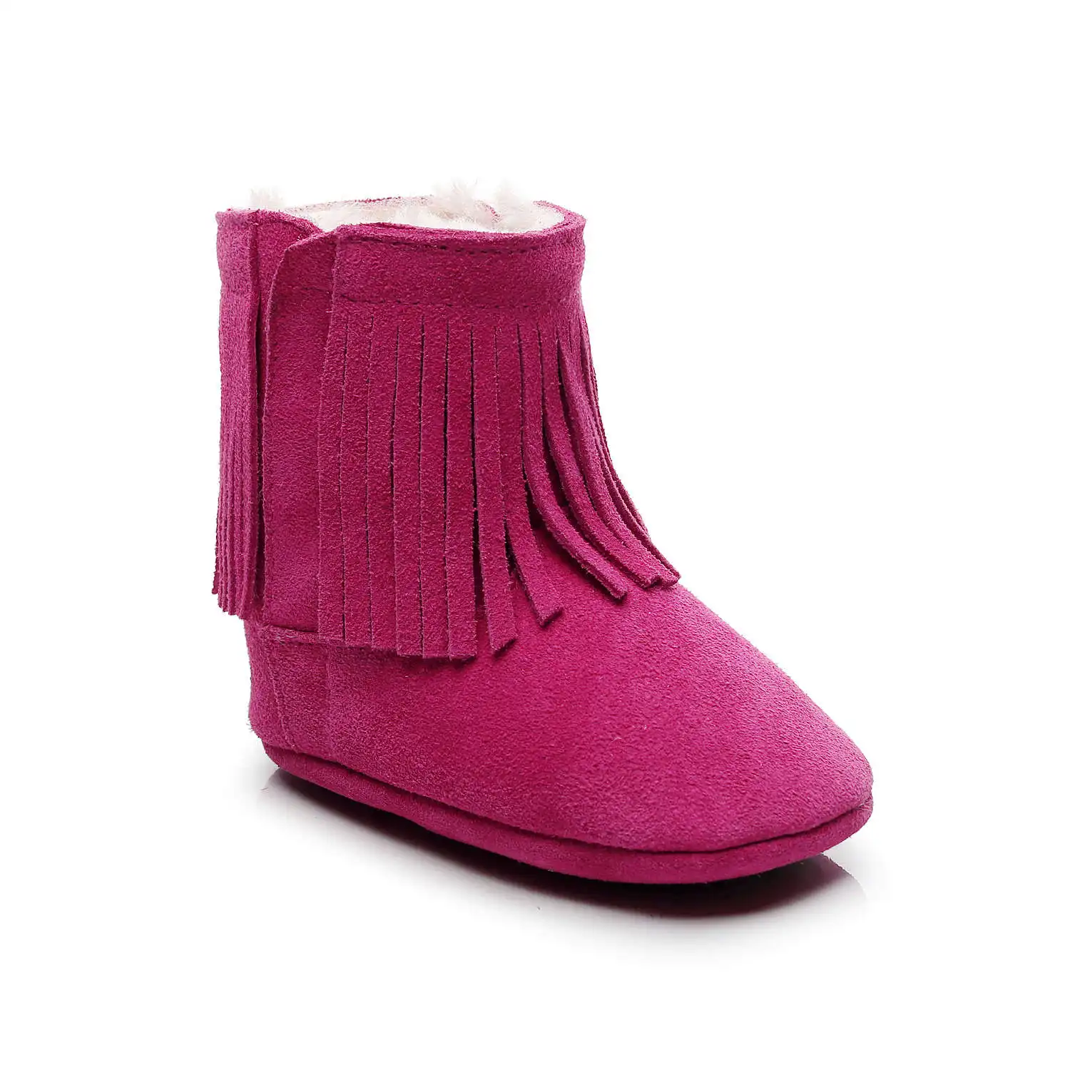 Новое поступление; зимняя замшевая обувь для малышей; ботинки для новорожденных с меховой бахромой; очень теплые пинетки; Детские ботиночки с твердой резиновой подошвой - Цвет: rose red