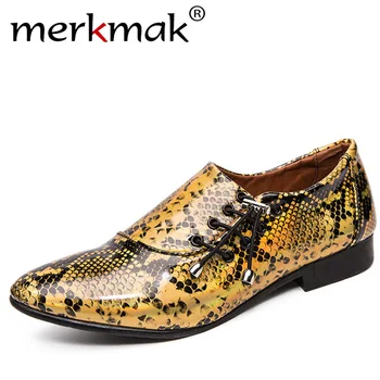 

2019 New Autumn Merkmak Classic Snake Pattern Dress Shoes Fashion Lace-up Suit Footwear Pointed Toe Formal Shoes Big Size 39-46