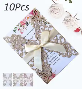 

New 10pcs Design Wedding Invitations Flower Pattern Laser Cut Lace West Cowboy Customize Invitation Cards Send Seal Envelope