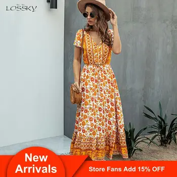 

Summer Boho Chic Long Dress Pink Women Flower Print Casual Yellow Fitted Midi Dresses Bohemian 2020 Fashion Women Clothes Purple