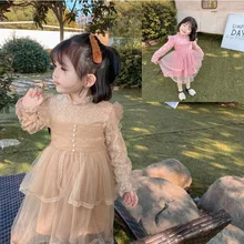 Детская фатиновая кружевная одежда с цветочной вышивкой для девочек; осенне-зимние вечерние платья принцессы с оборками; милое детское платье яркого розового цвета и цвета хаки