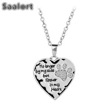 

"no Longer By My Side, But Forever In My Heart" Crystal Pet Dog Paw Print Heart-shaped Pendant Necklace Rolo Chain Jewelry