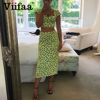

Viifaa Square Neck Crop Top T Shirt and Midi Skirt Butterfly Print Sets Women 2020 Summer Street Wear Elegant Two Piece Set