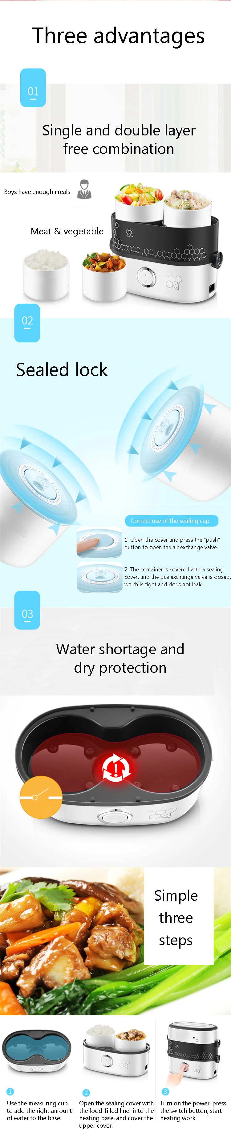 Description Picture 5 of item1.5L Rice cooker 1/2 Layer Spill-proof sealing Ceramic Liner Multifunctional Food Steamer Egg Boiler Portable Lunch Box Anti-dry