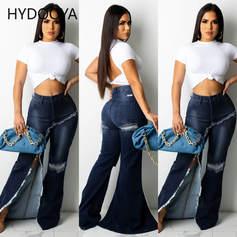Sense of Design Side High Split Denim Pants for Women High Waist Fur-lined Flare Trousers Retro Female Hole Ripped Jeans 90s 00s