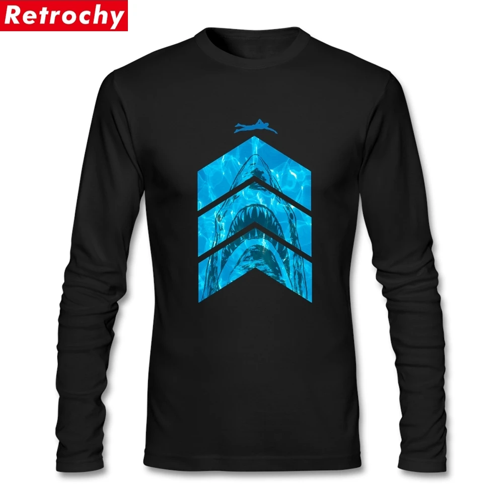 

Geek Men's T Shirts shark attack Cotton O Neck Long Sleeve Camisa For Teenage Comfortable Fabric Cartoon Funny T-shirt