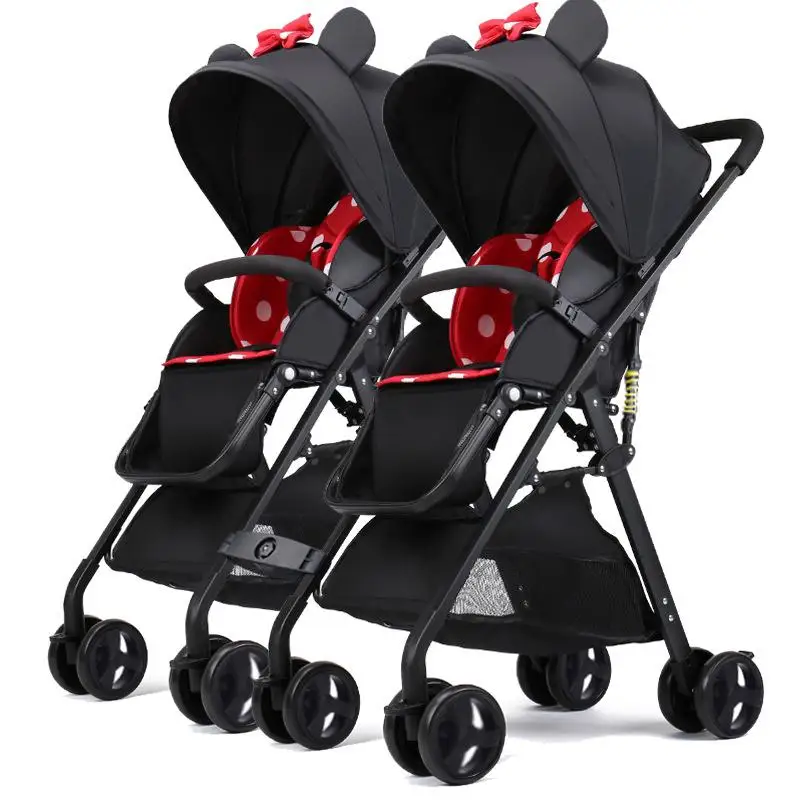 Легкая детская коляска, переносная коляска для близнецов, складная коляска для новорожденных, с высоким пейзажем, с карманом, с зонтиком, два автомобиля для детей - Цвет: minnie B