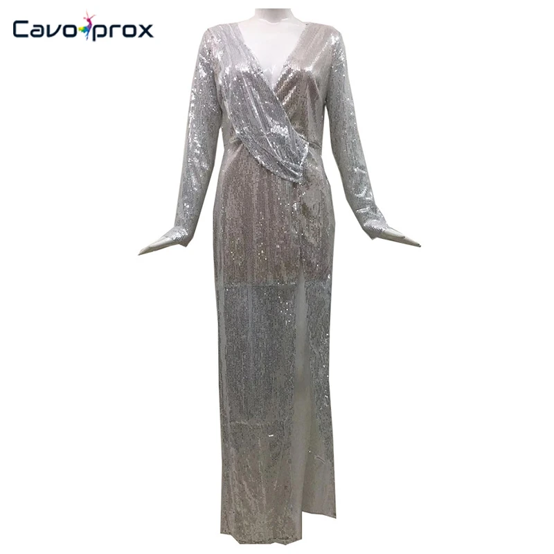 Женское блестящее платье макси с блестками и разрезом, блестящее, с длинным рукавом, с глубоким вырезом, с v-образным вырезом, элегантное женское платье для подиума, для ночного клуба