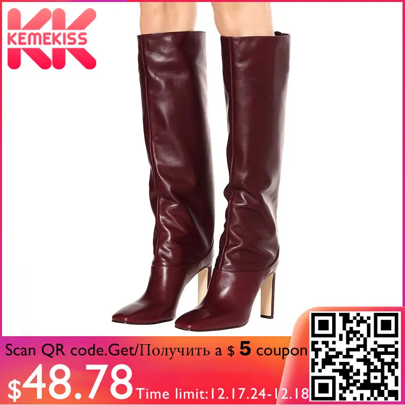KemeKiss/Сапоги до колена размера плюс 35-48, женские теплые зимние сапоги на меху нового дизайна, модные женские сапоги на высоком каблуке, женская обувь