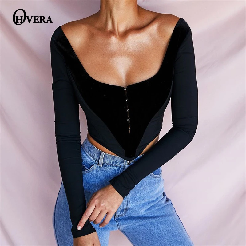 Ohvera черный короткий топ с длинным рукавом для женщин зимний бархатный топ женские топы и блузки Camisas Mujer