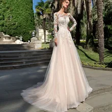 Mode Lange Ärmel Spitze Hochzeit Kleid 2022 Lace Up Scoop Brautkleid Mit Zug Für Braut Tüll Vestido de Novia