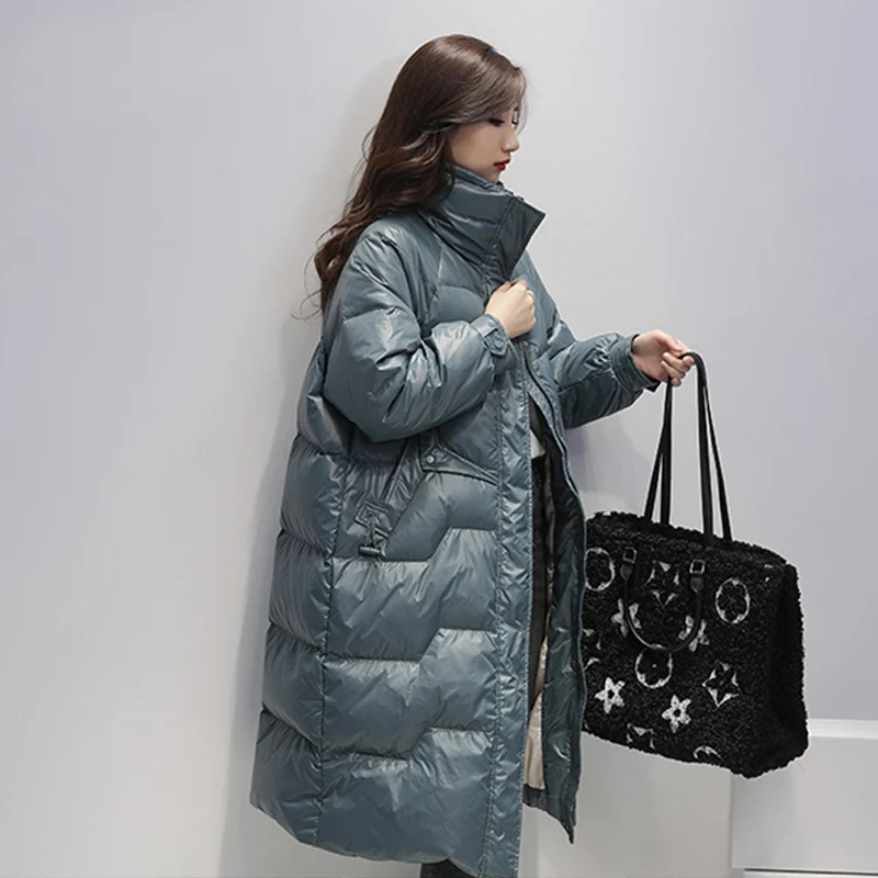 FTLZZ Winter Stand Collar Solid Long Down Jacket