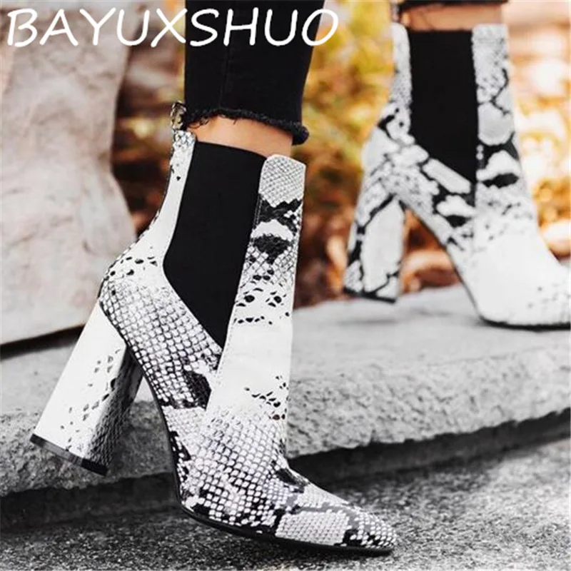 

BAYUXSHUO New Pointed Square High Heel Booties British Wind Martin Boots Fashion Leather Boots Autumn Snake Pattern Women Boots