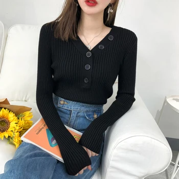 

Elegant Knitted Sweaters Women Button V-Neck Winter Jumper Solid Korean Sweater Harajuku Pullovers Long Sleeve Elasticity 2019