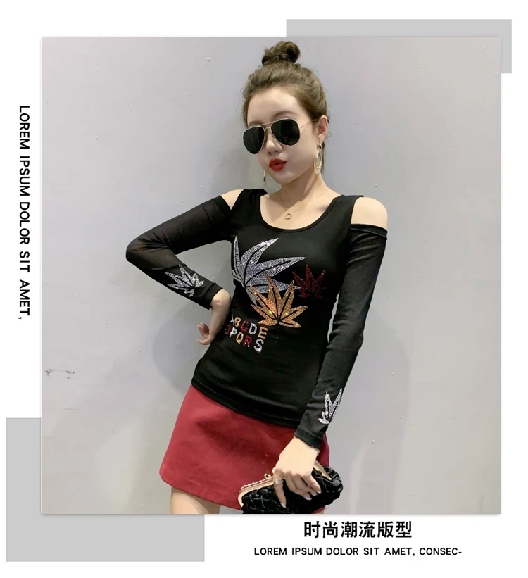 2020 Autumn long sleeve women t-shirt Sexy off the shoulder hot drilling women tops and shirt plus size women clothing