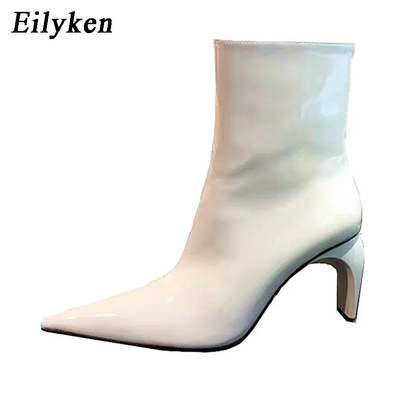 Eilyken/Новинка года; зимние ботинки из лакированной кожи; ботильоны на молнии; женские ботинки с острым носком на высоком каблуке; Botines