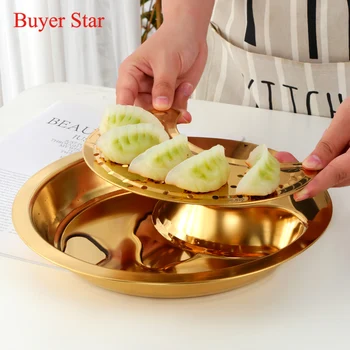 

Stainless Steel Dumpling Plate Serving Food Platter With Removable Water Filter And Seasoning Dish Tableware Fruit Double Tray