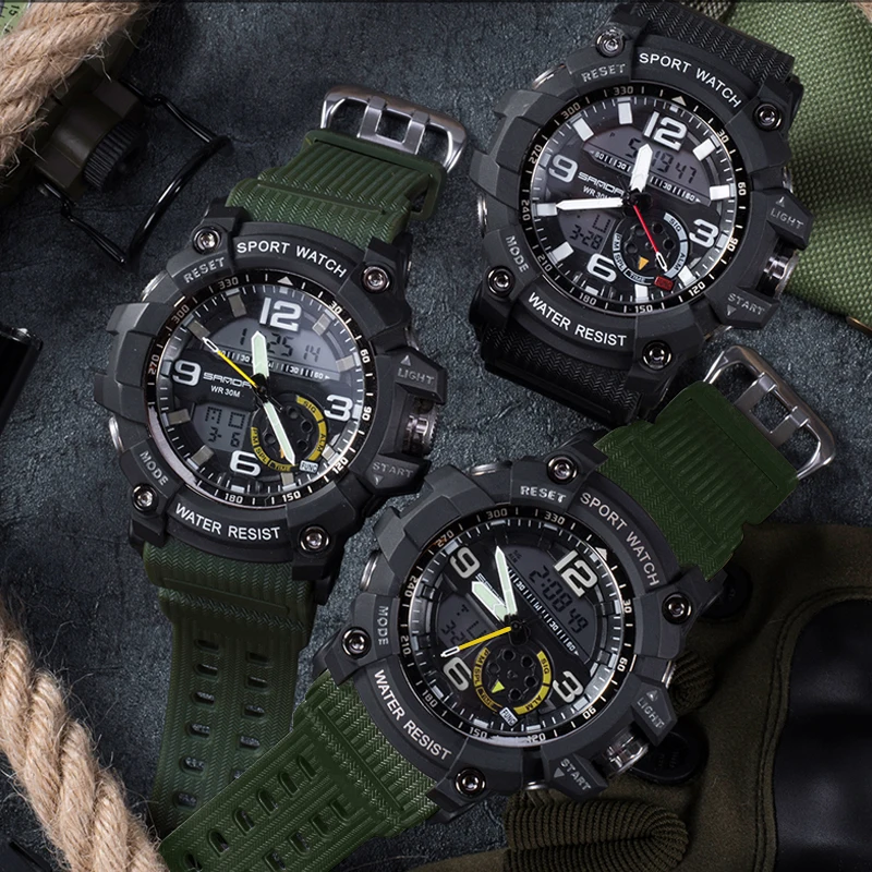 Günstig Wasserdichte Sport Uhr Männer Uhren Militär Armee Berühmte Marke SANDA Dual Display Armbanduhr Männlichen Armbanduhr Für Männer Uhr Stunden