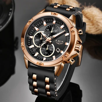 

2020 LIGE New Business Black Classic Mens Watches Top Brand Luxury Watch Men Waterproof Silicone Strap Sport Chronograph Clock