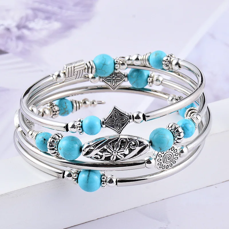 New Natural Turquoise/Tigereye Winding Multi-Circle Layered Natural Stone Beaded Bracelet for Women