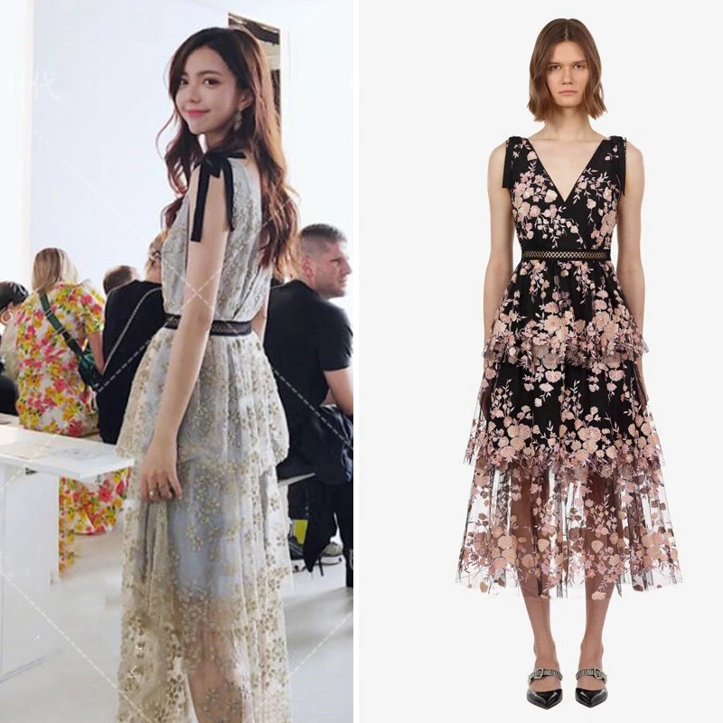 

Runway Self-Portrait long dress Summer women Sleeveless Black Mesh Floral Embroidery Party Dress Sexy Ruffles Dress