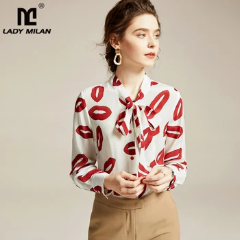 

100% Natural Silk Women's Runway Shirt Bow Collar Long Sleeves Printed Elegant Spring Summer Blouse Shirt Tops