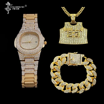 

Luxury Men Rhinestones Watch Hip Hop Men Watch & Bracelet & Necklace Combo Set 23 Number Pendant Ice Out Cuban Jewelry Set Men