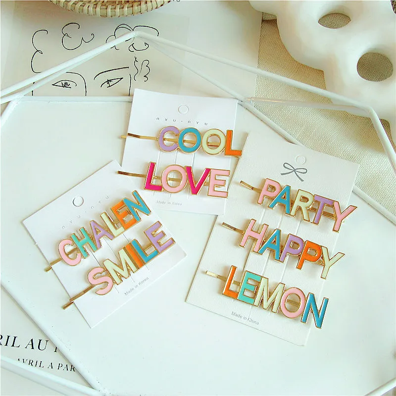 

Korean Simple Creative Colorful Letter Hairpin for Girl Women's Hair Accessories Fashion Personality Metal Drop Glaze Headwear
