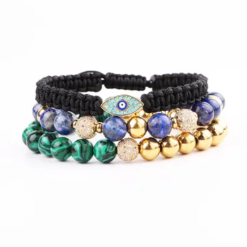 Men Bracelet Set Natural Stone Beads CZ Eye Charm Braided Men Beads Adjustable Bracelet Set