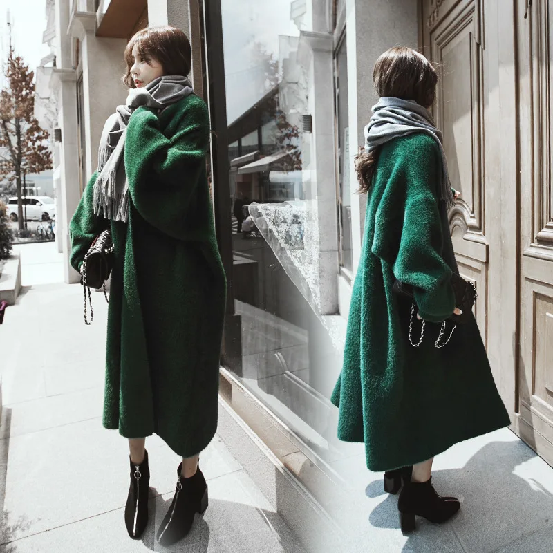 Синтетический норковый кашемировый свитер, кардиган для женщин, корейское зимнее пальто с рукавом летучая мышь, вязаный длинный кардиган, Свитера толстого размера плюс - Цвет: Зеленый