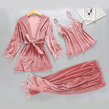 

Elegant Solid Warm Pajamas Suit Negligee Lingerie Long Sleeve 3PCS Sleepwear Lounge Nightwear Sexy Lace Velvet Home Clothing