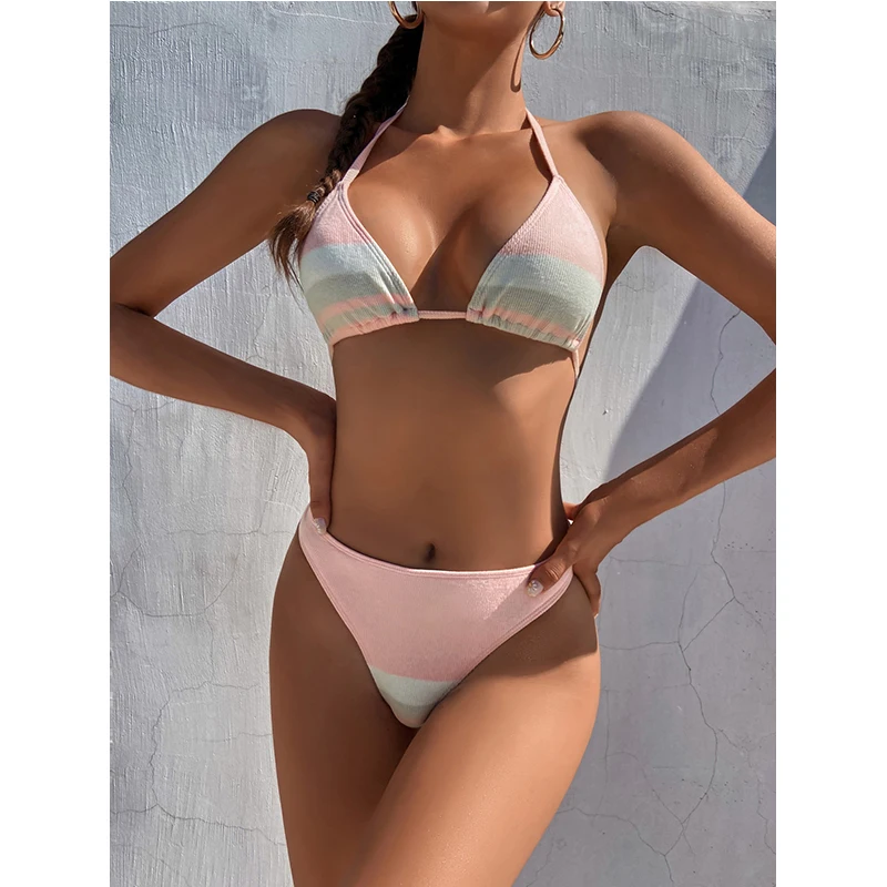 Новый стиль с принтом в полоску лямкой на шее NeckSexy купальник треугольным лифом