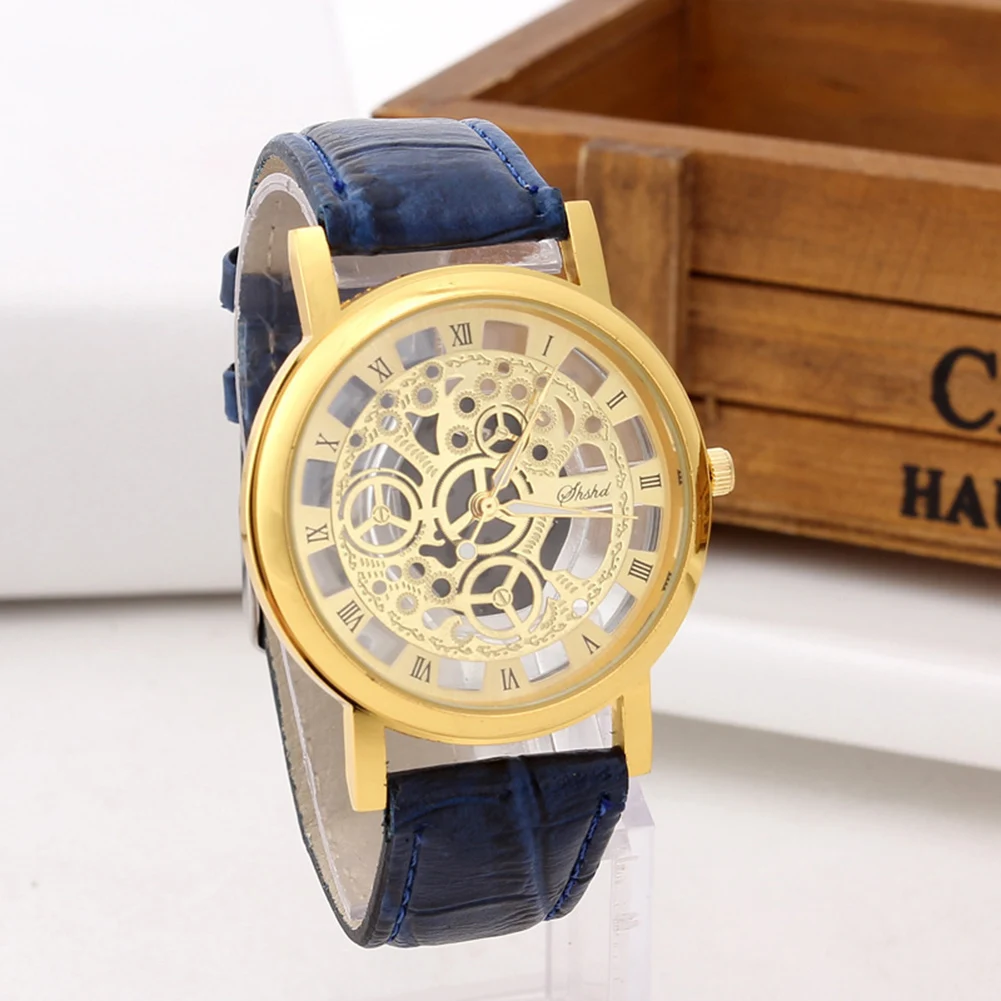 Men Watch Fashion Business Watch Luxury Hollow Roman Numerals Sports Clock Faux Leather Quartz Wrist Watch Erkek Kol Saat